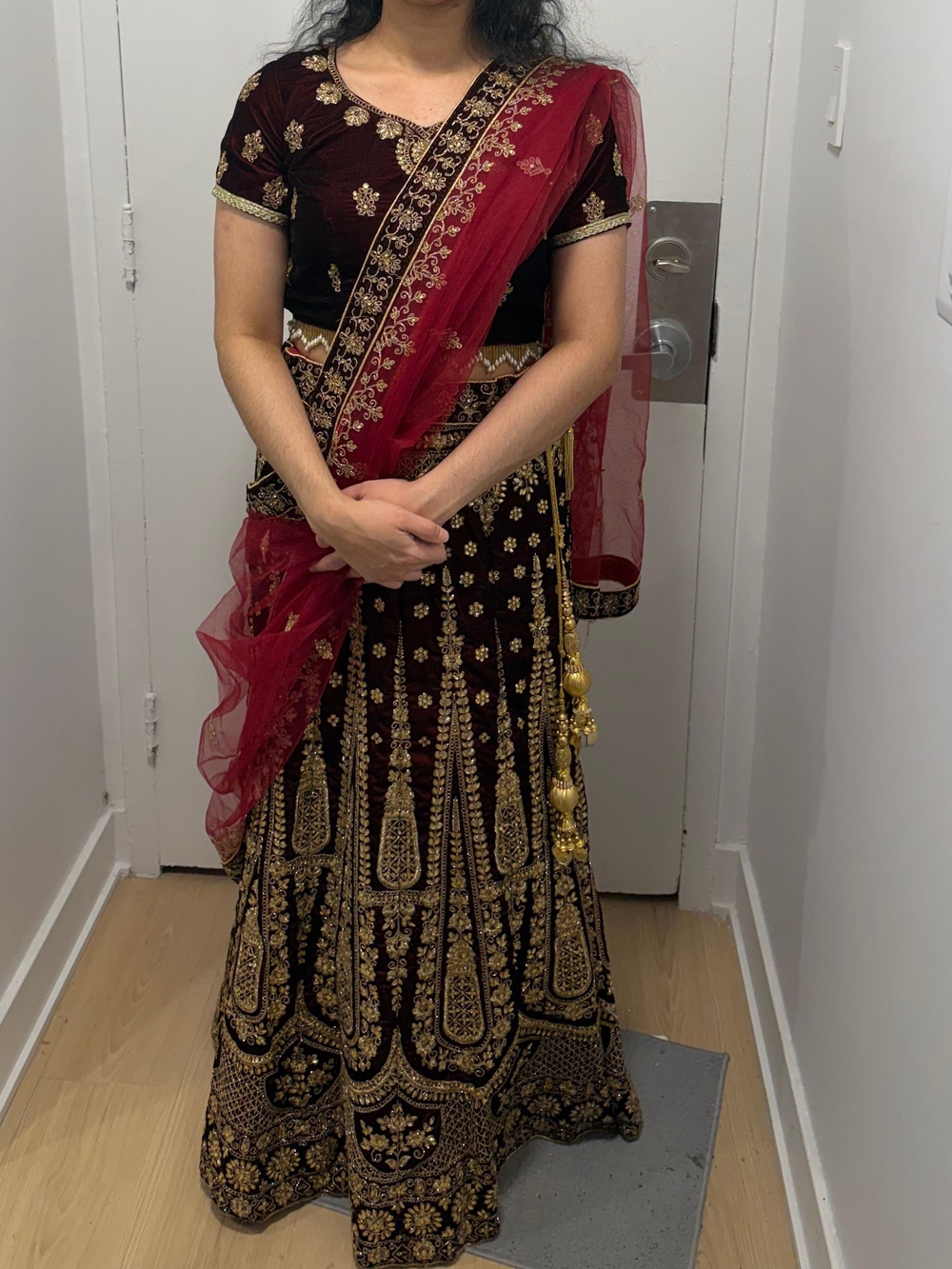 Embroidered Maroon Lehenga Dress with Red Dupatta